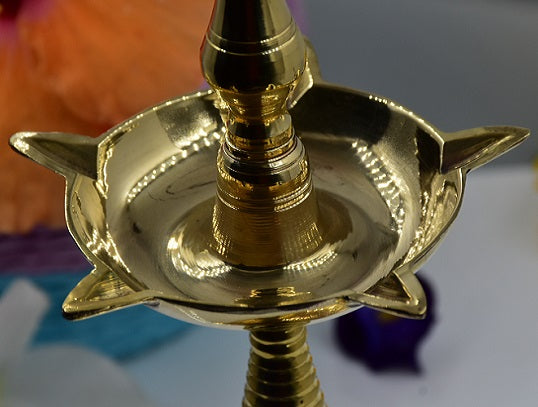 Antique Metal Brass Kerala Kuthu Vilakku with 5 Wicks Representing Virtue and Wealth (Gold, 26 cm Height)