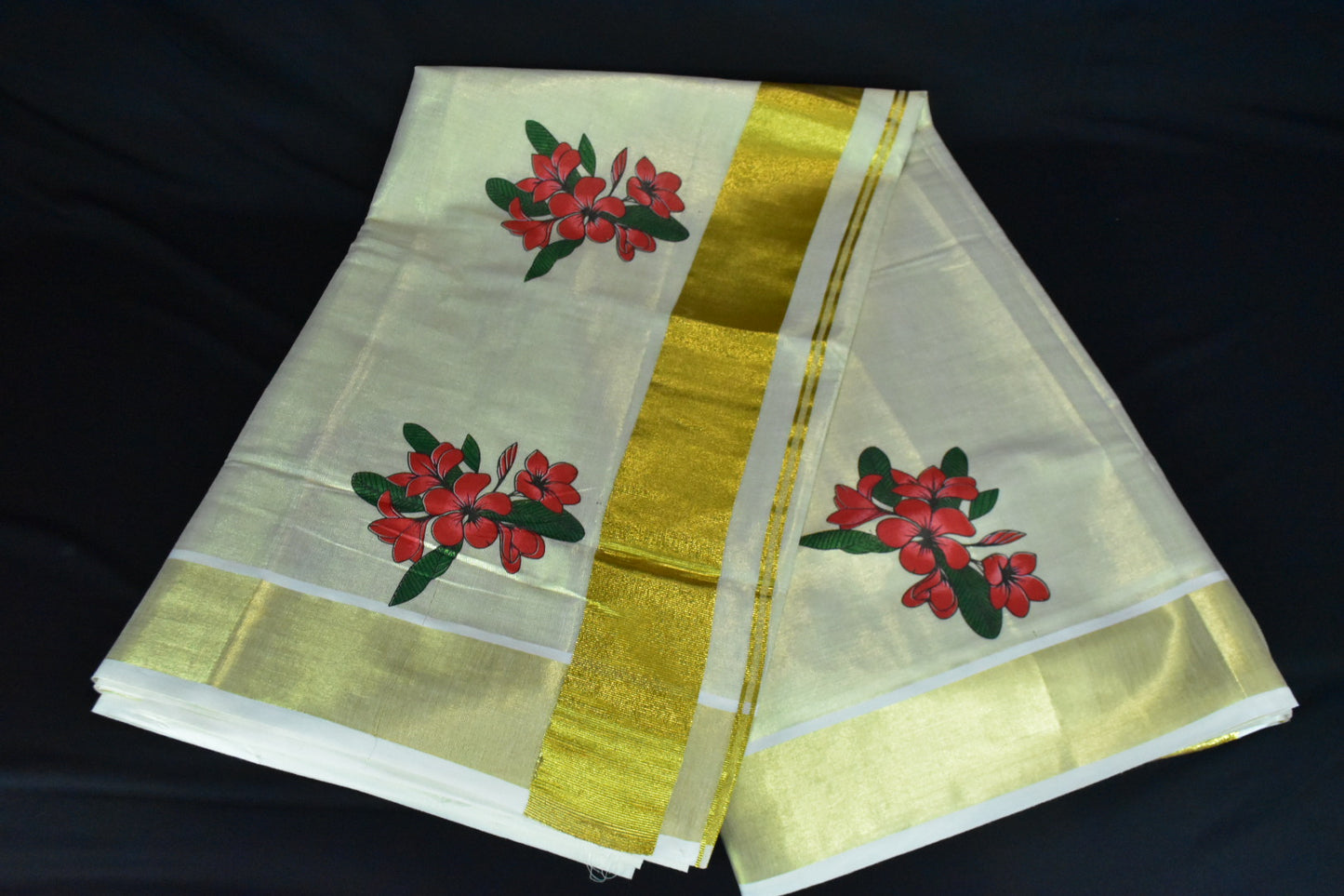 Tissue cotton Saree Poppies Kerala Kuthampully Handloom 6.25 mtr