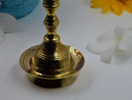 Antique Metal Brass Kerala Kuthu Vilakku with 5 Wicks Representing Virtue and Wealth (Gold, 26 cm Height)