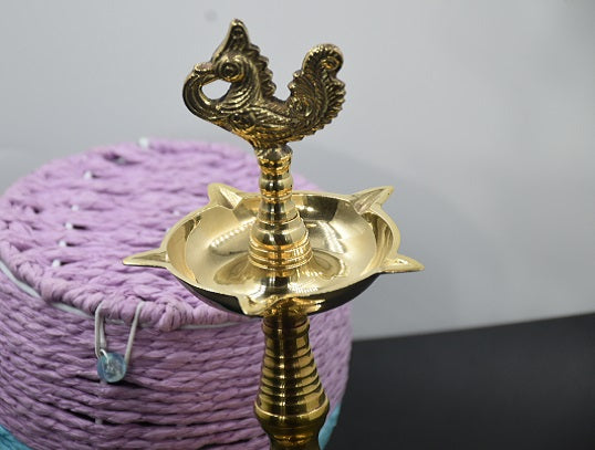 Antique Metal Brass Kuthu Vilakku with 5 Wicks Representing Virtue and Wealth (Gold, 25 cm Height)