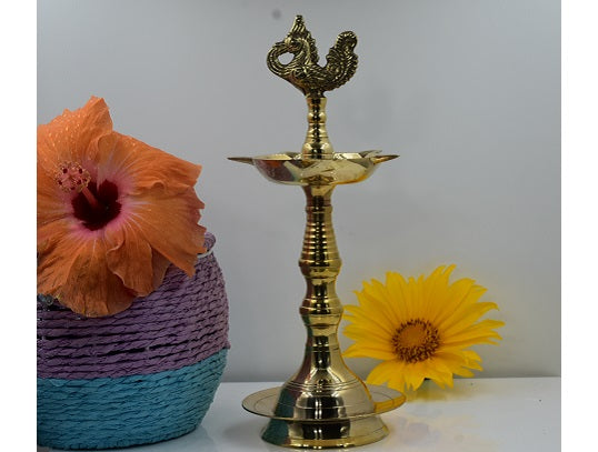 Antique Metal Brass Kuthu Vilakku with 5 Wicks Representing Virtue and Wealth (Gold, 25 cm Height)