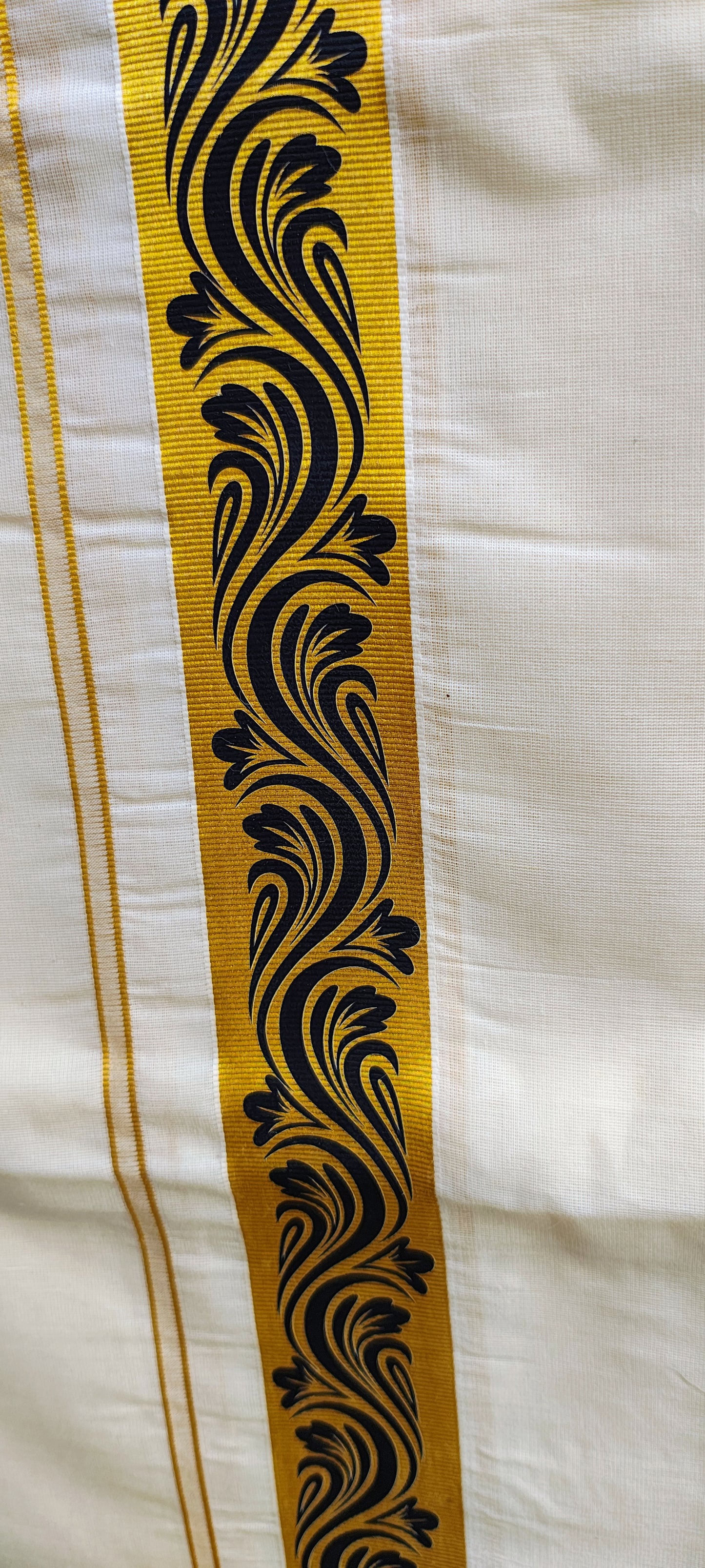 Spiral Printed Black Cotton Kasavu Mundu/ Dhoti