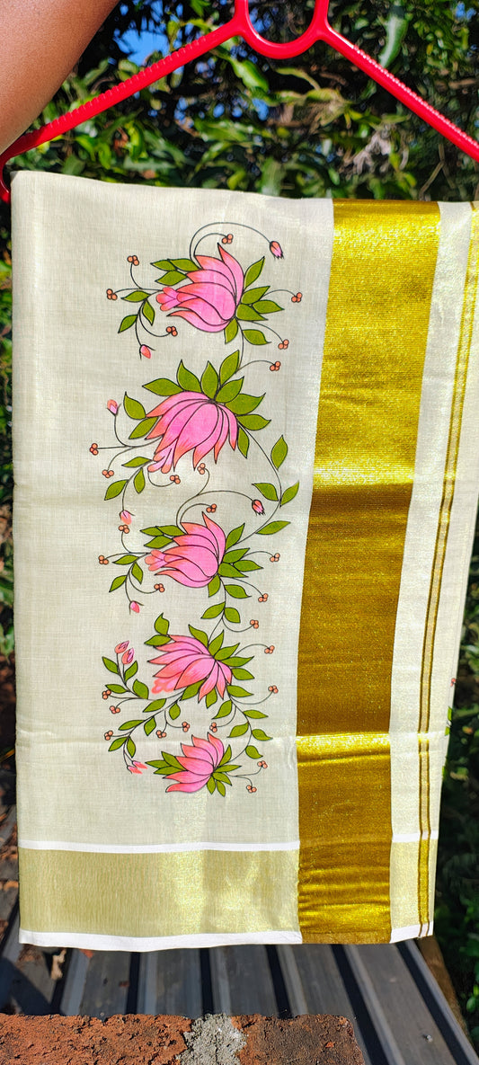 Tissue cotton Pink Lotus Kerala Kuthampully Handloom 6.25 mtr