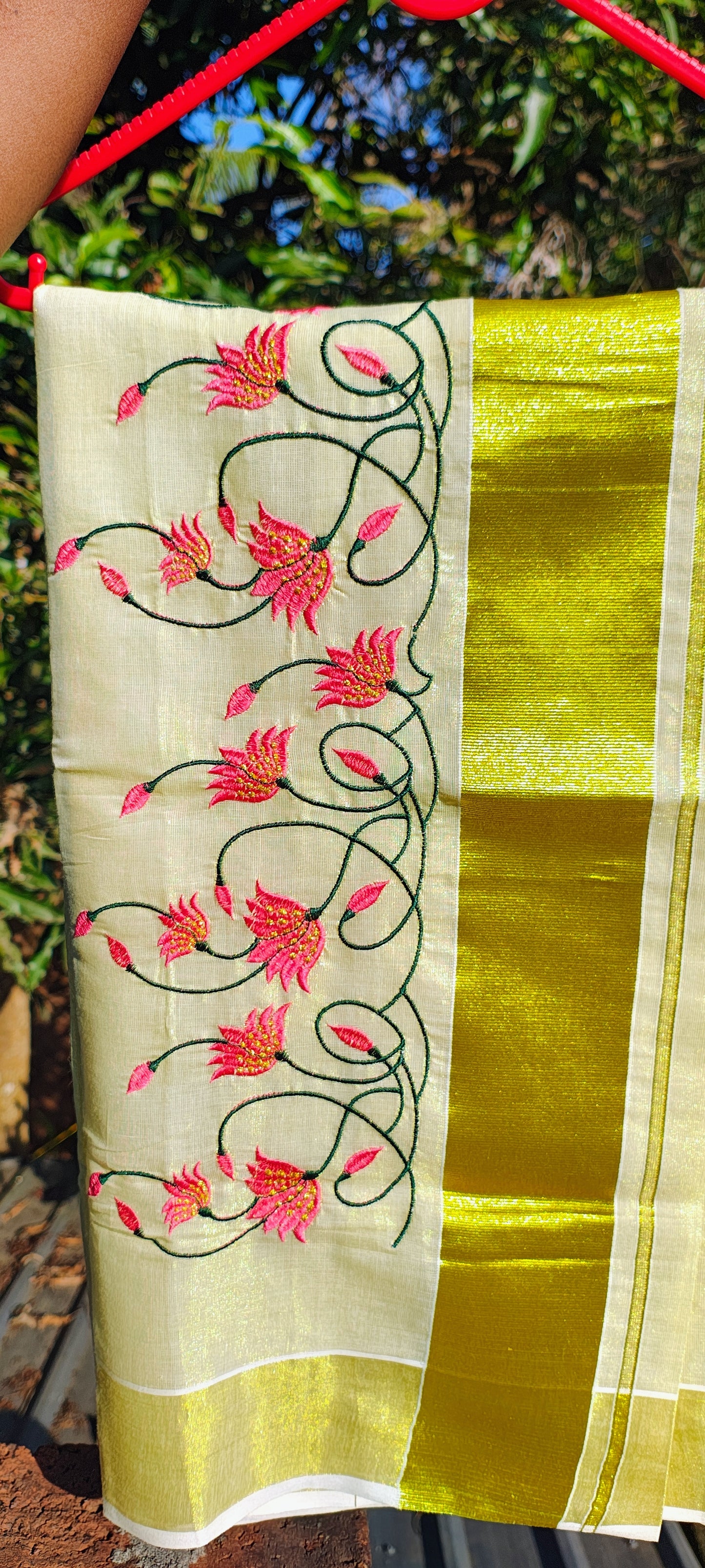 Tissue cotton Embroidery Pink Lotus Kerala Kuthampully Handloom 6.25 mtr