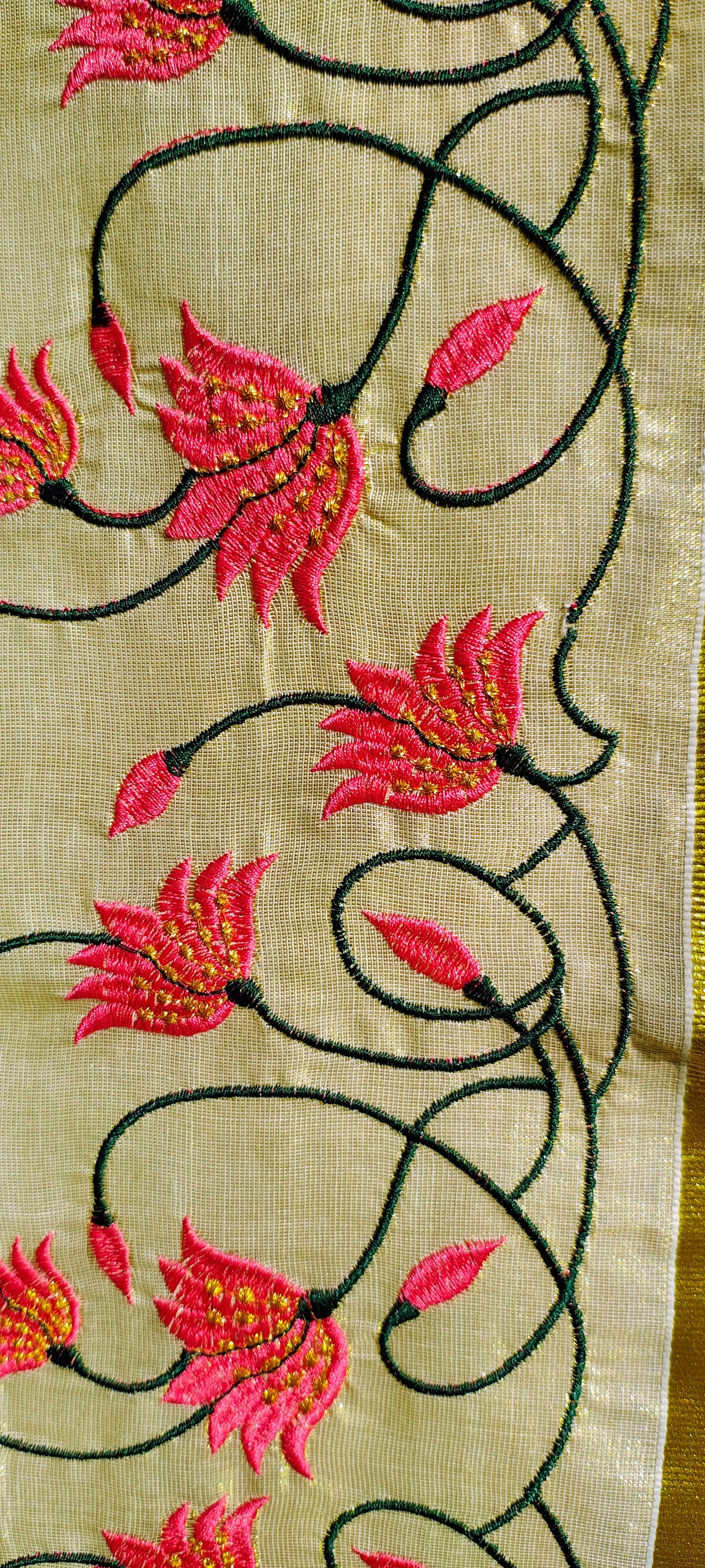 Tissue cotton Embroidery Pink Lotus Kerala Kuthampully Handloom 6.25 mtr