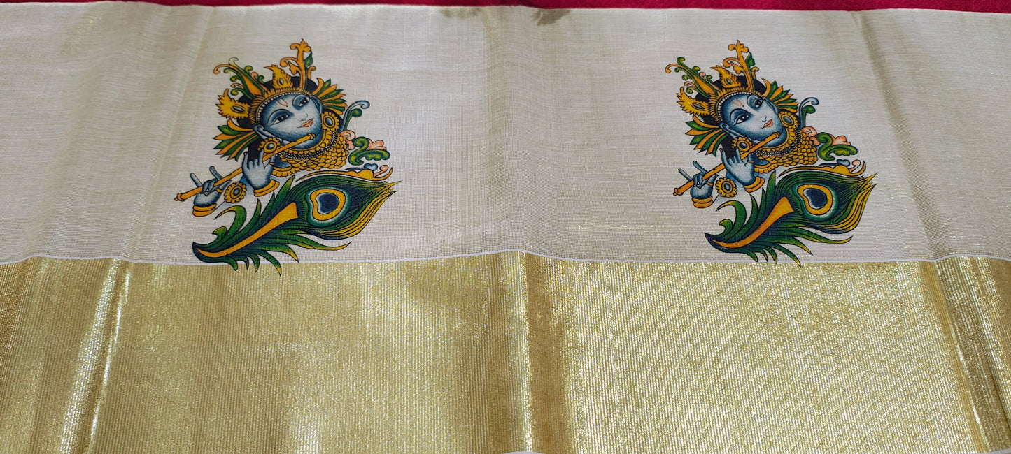 Tissue cotton Krishna Print Kerala Kuthampully Handloom 6.25 mtr