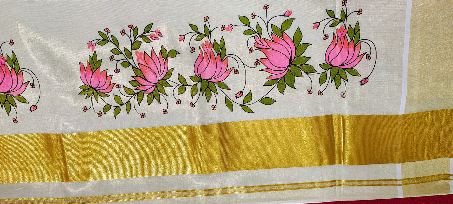 Tissue cotton Pink Lotus Kerala Kuthampully Handloom 6.25 mtr