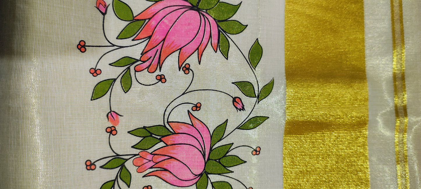 Tissue cotton Pink Lotus Kerala Kuthampully Handloom 6.25 mtr