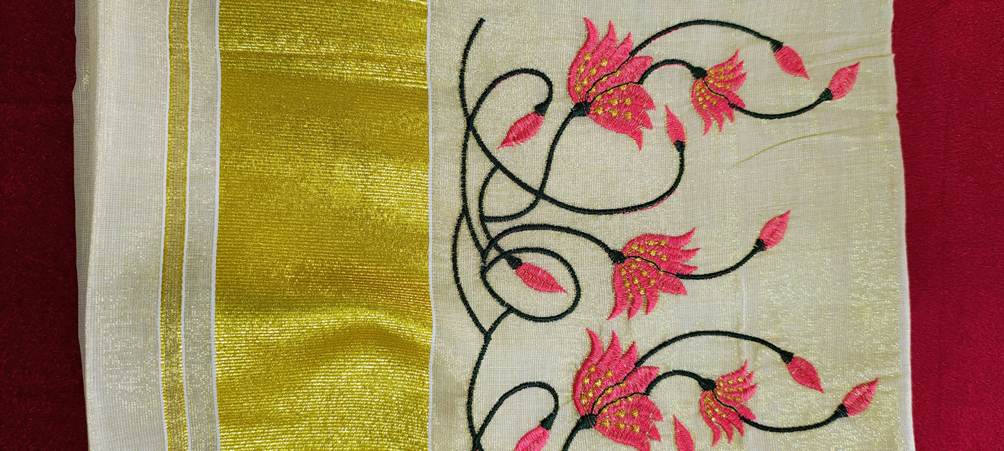 Tissue cotton Embroidery Pink Lotus Kerala Kuthampully Handloom 6.25 mtr