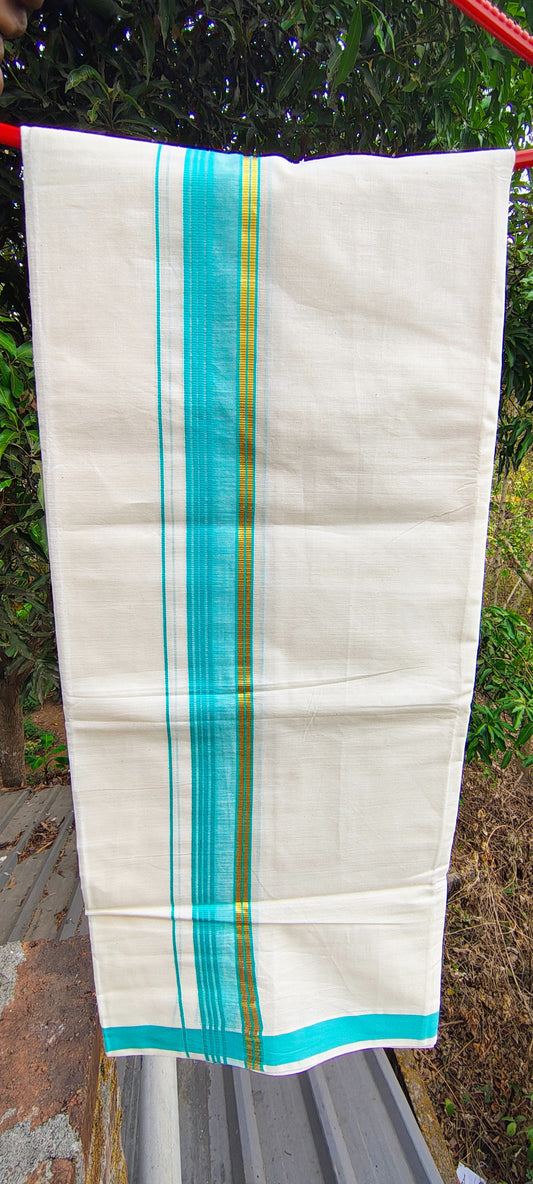 Cyan colour cotton Mundu Dhoti Kerala Kuthampully Handloom