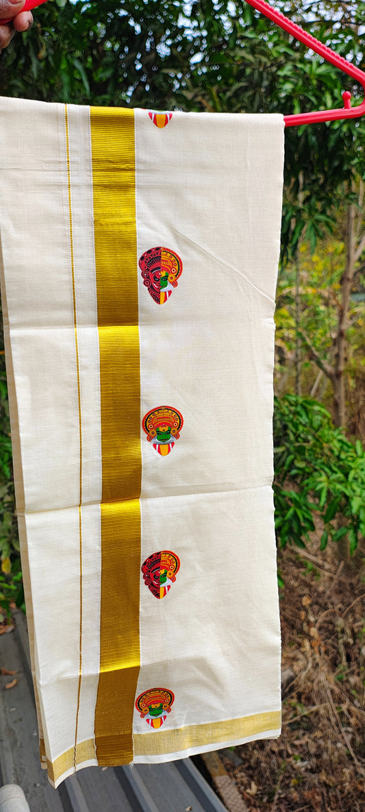 Kathakali Print Cotton Kasavu Mundu