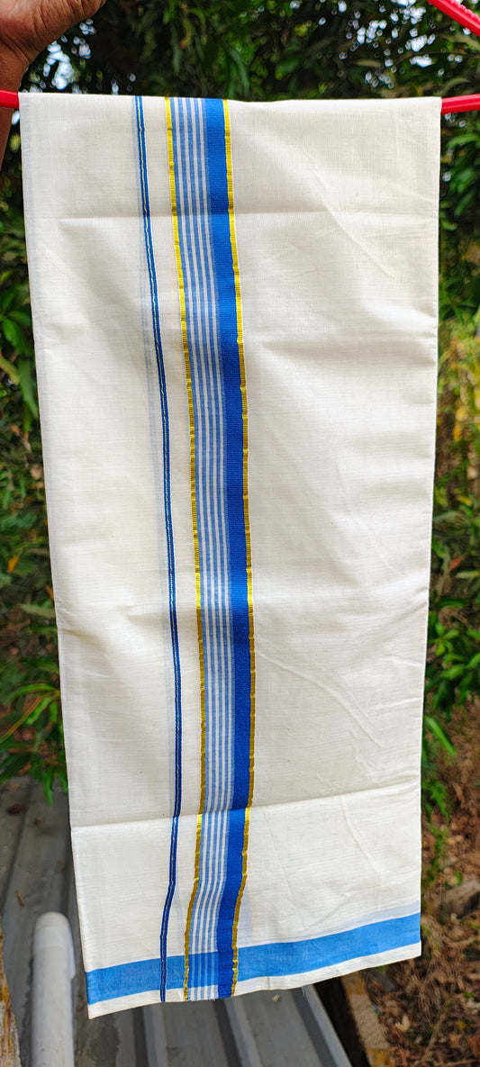 Blue Cotton Kasavu Mundu/ Dhoti