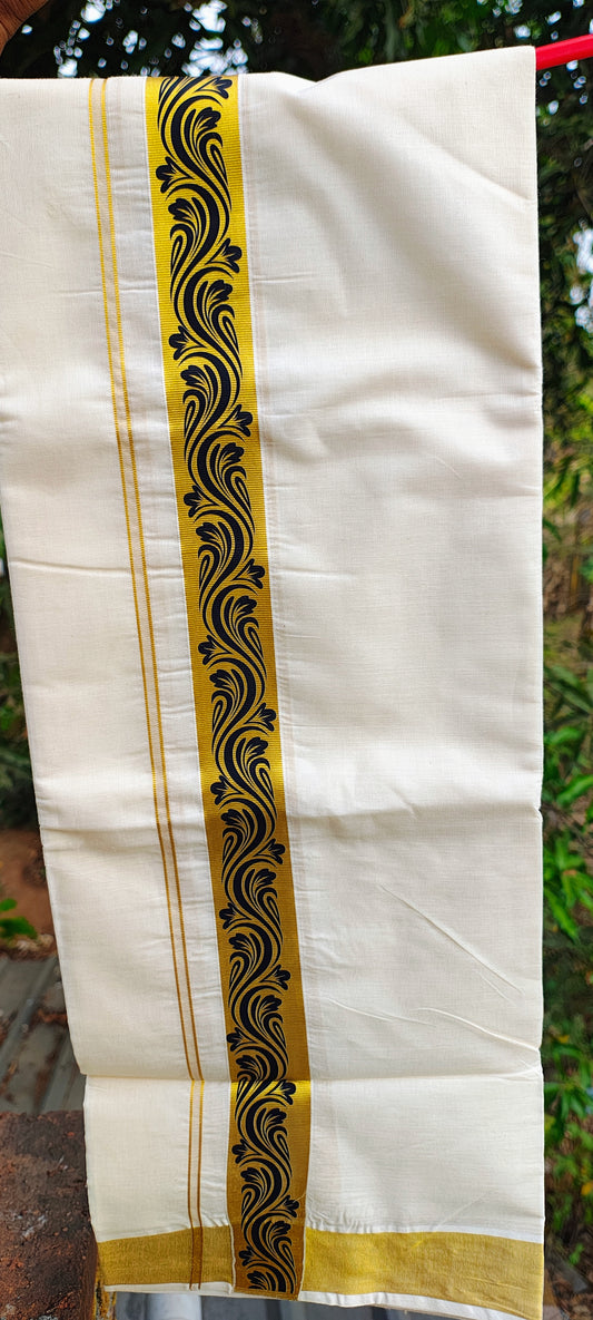 Spiral Printed Black Cotton Kasavu Mundu/ Dhoti